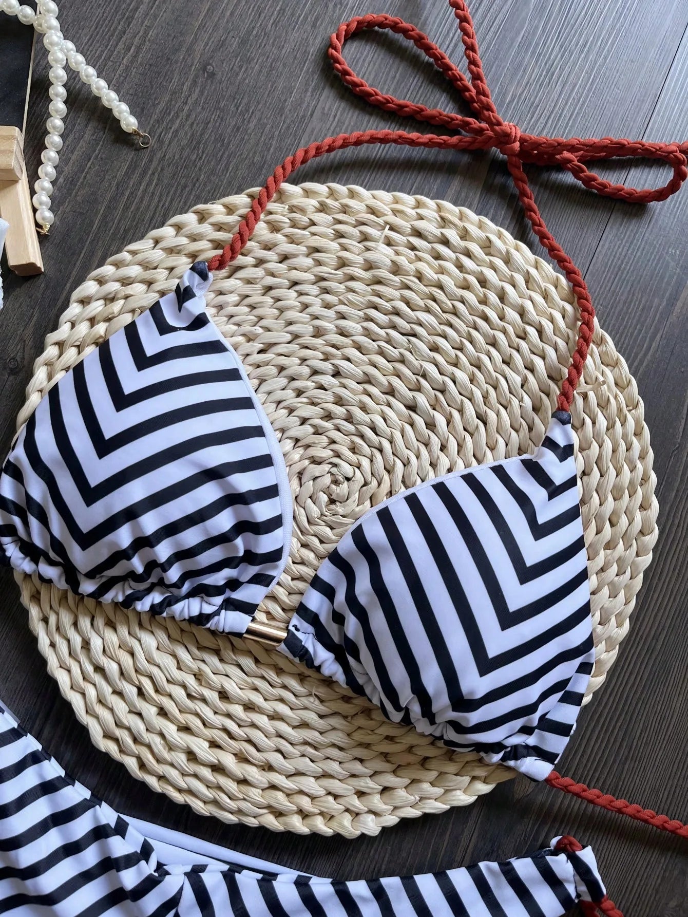 Sexy Micro Stripe Print Braiding Rope Swimwear Bathing Suit Brazilian Bikini