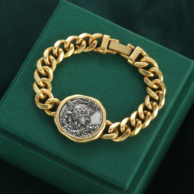Vintage Copper Beauty Portrait Ancient Round Coin Wide Chain Women Bracelet