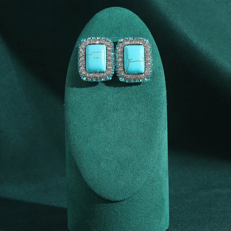 Vintage Wedding Natural Stone Square Blue Rhinestones Antique Studs Earrings