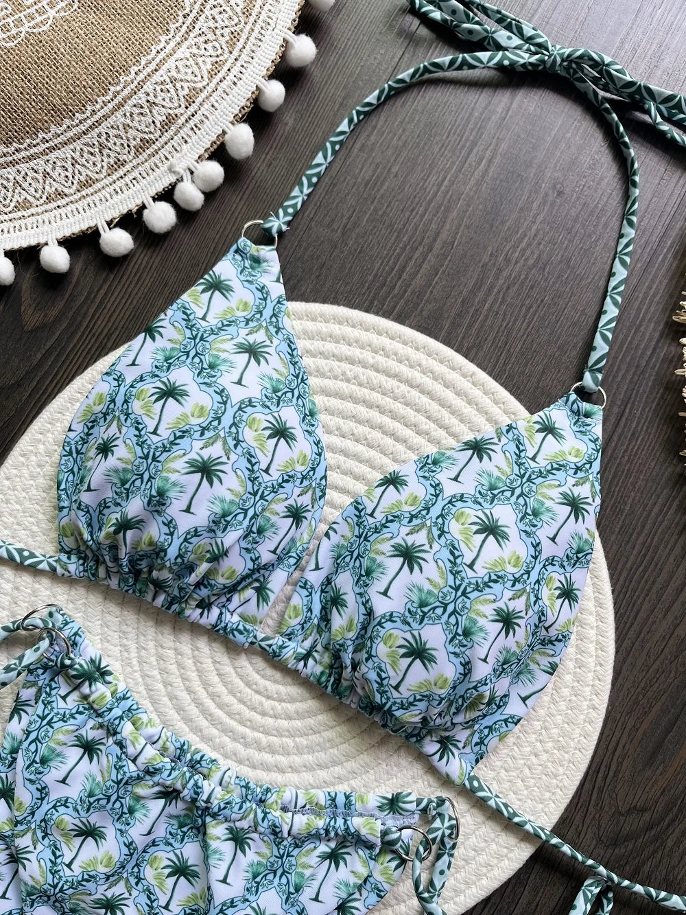 Sexy Triangle Coconut Tree Print Bikini Two-piece Halter Swimwear Brazilian Bathing Suit