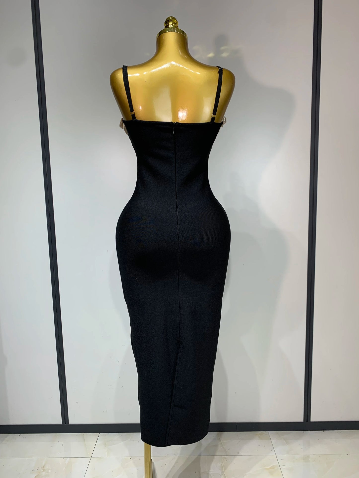 Sexy Spaghetti Strap Lace Midi Bandage Elegant Celebrity Evening Party Birthday Black Sleeveless Dress