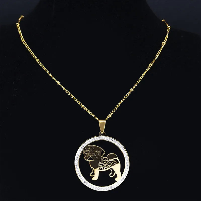 Pug Dog Stainless Steel Crystal Necklace Pendant Gold Color Chain Necklace