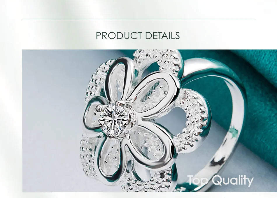925 Sterling Silver Big Flower Zircon Women Man Fashion Wedding Engagement Party Charm Ring