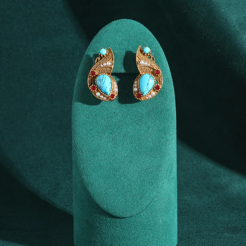 Antique Luxury Water Drop Natural Stone Goldfish Blue Long Charm Vintage Stud Earrings