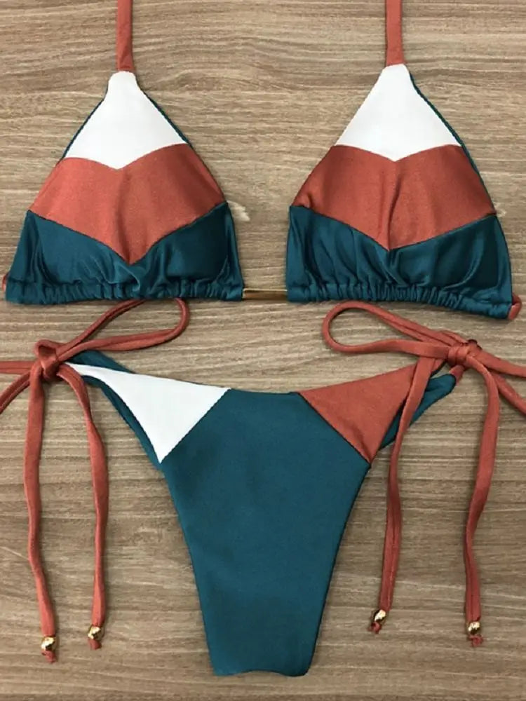 Sexy Halter Thong Micro Bikini Push Up Brazilian Tropical Plant Print String Mini Swimsuit