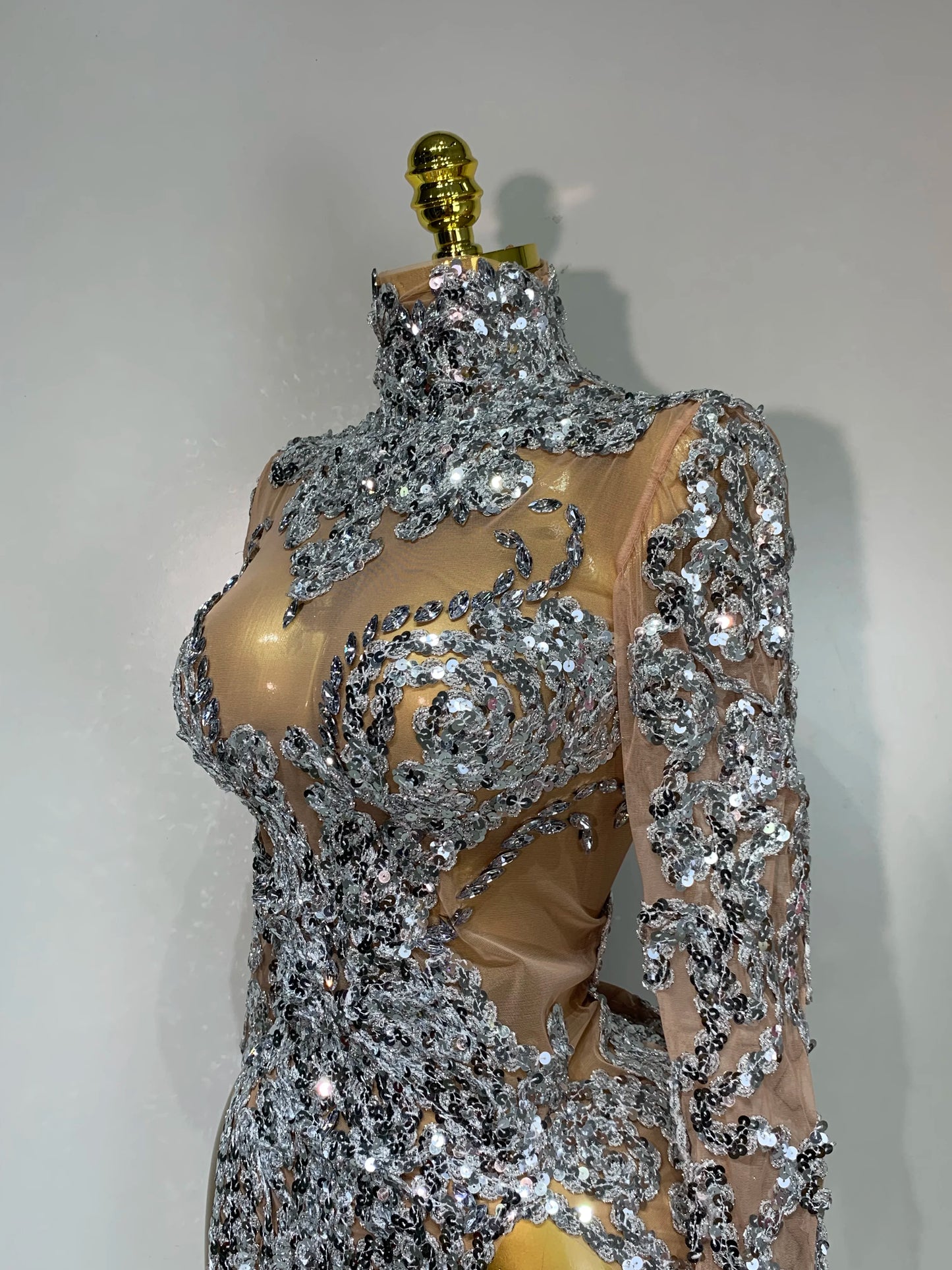 Sparkly Silver Gold Sequins Shor Sexy High Slit Nightclub Evening Party Birthday Dress