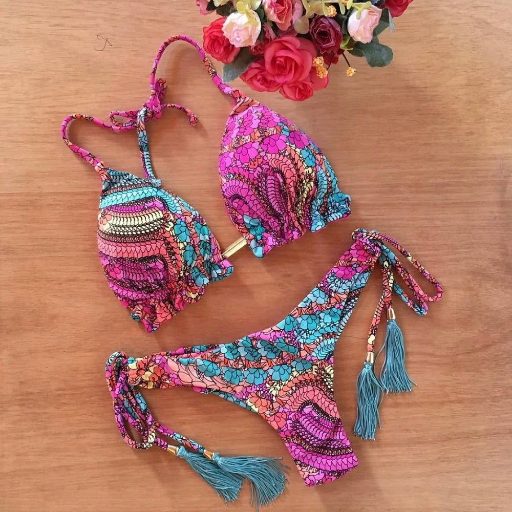 Sexy Floral Print Swimwear String Push Up Swimsuit Beach Bikini Suit
