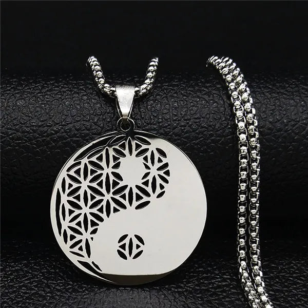 Women Men Flower of Life Stainless Steel Gold Color Mandala Long Necklace
