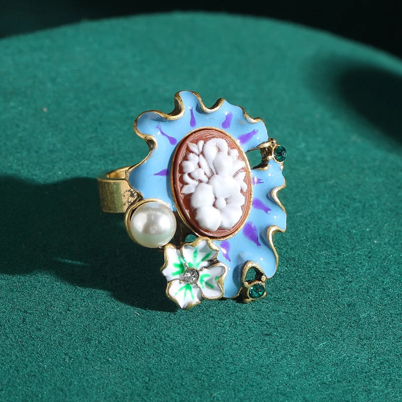 Vintage Monet Garden Blue Relief Flower Pearl Enamel Petals Earrings Jewelry Set