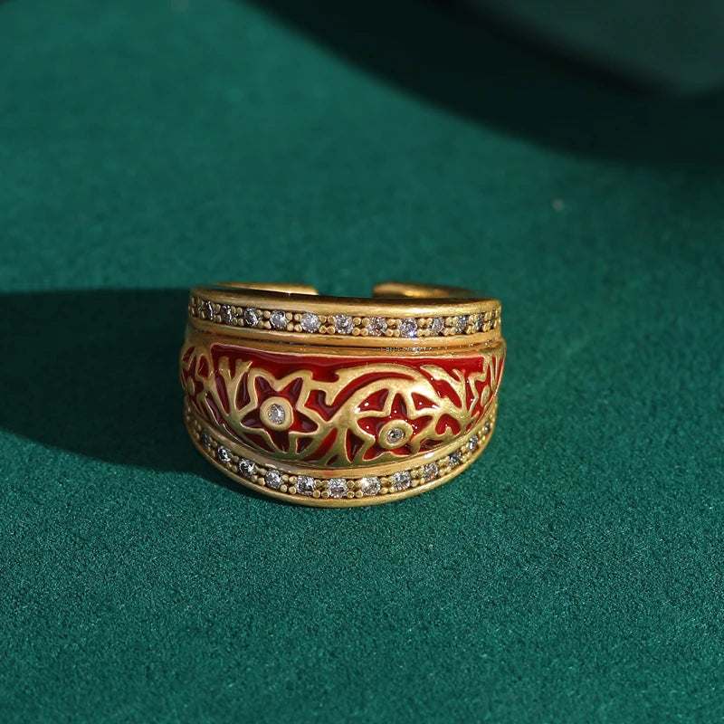 18k gold plating Red Enamel Inlaid Rhinestones Vintage Women Luxury Antique Star Carving Pattern Ring
