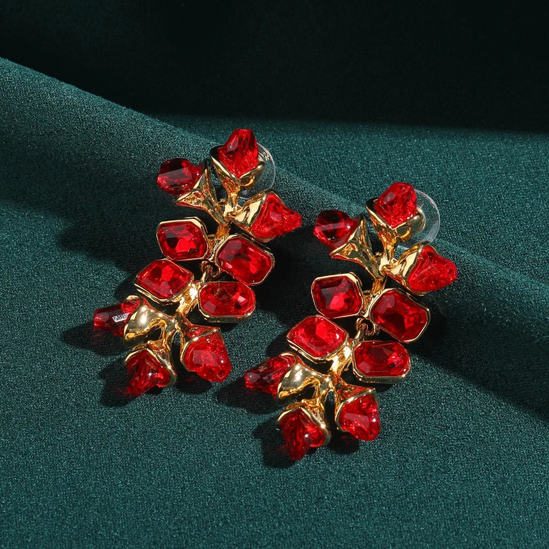 Vintage Large Red Crystal Square Leaf Bohemian Luxury Designer Women's Earrings