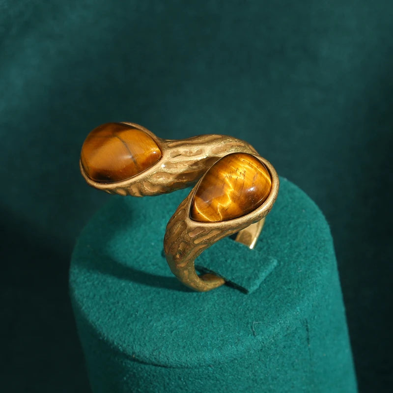 Women Blue Natural Stone Open Leopard Fashionable Water Drop Gold Color Pearl Flower Ring