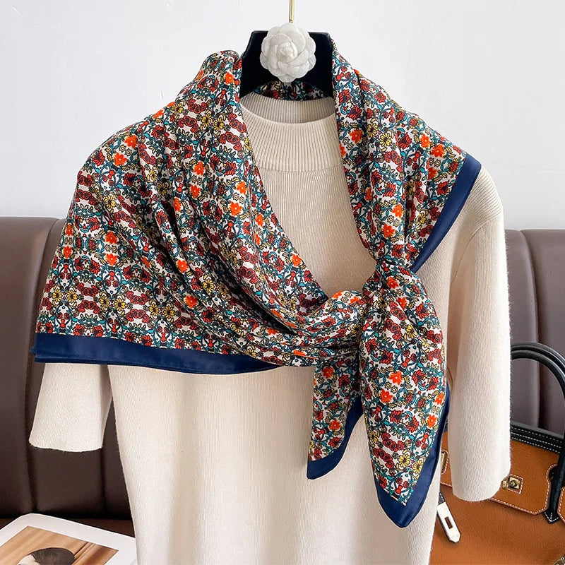 90cm Women Twill Silk Satin Scarf Shawl Wrap Square Printed Bandana Scarves
