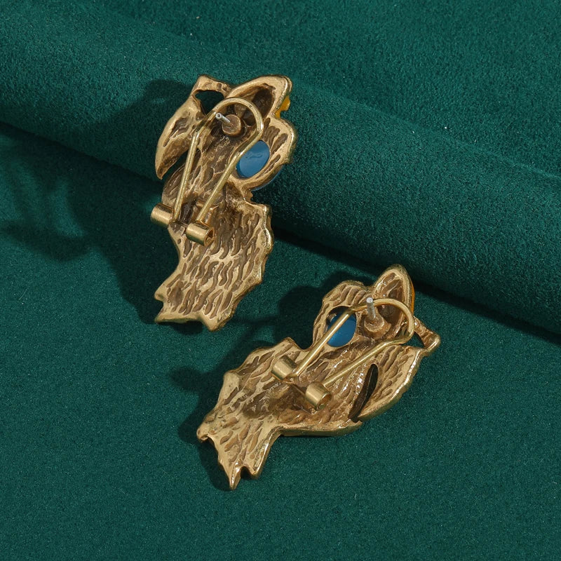 Woman Antique Vintage Enamel Goldfish Blue Natural Stone Stud Earrings