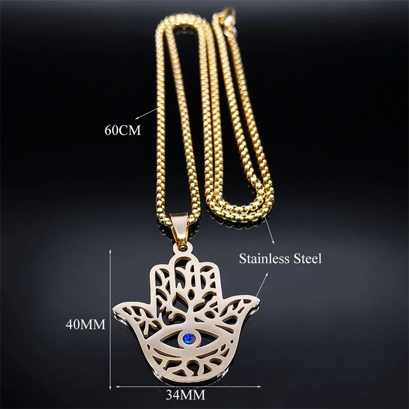 Hollow Fatima Hamsa Stainless Steel Gold Color Luck Hand Palm Blue Turkey Eye Pendants Necklace