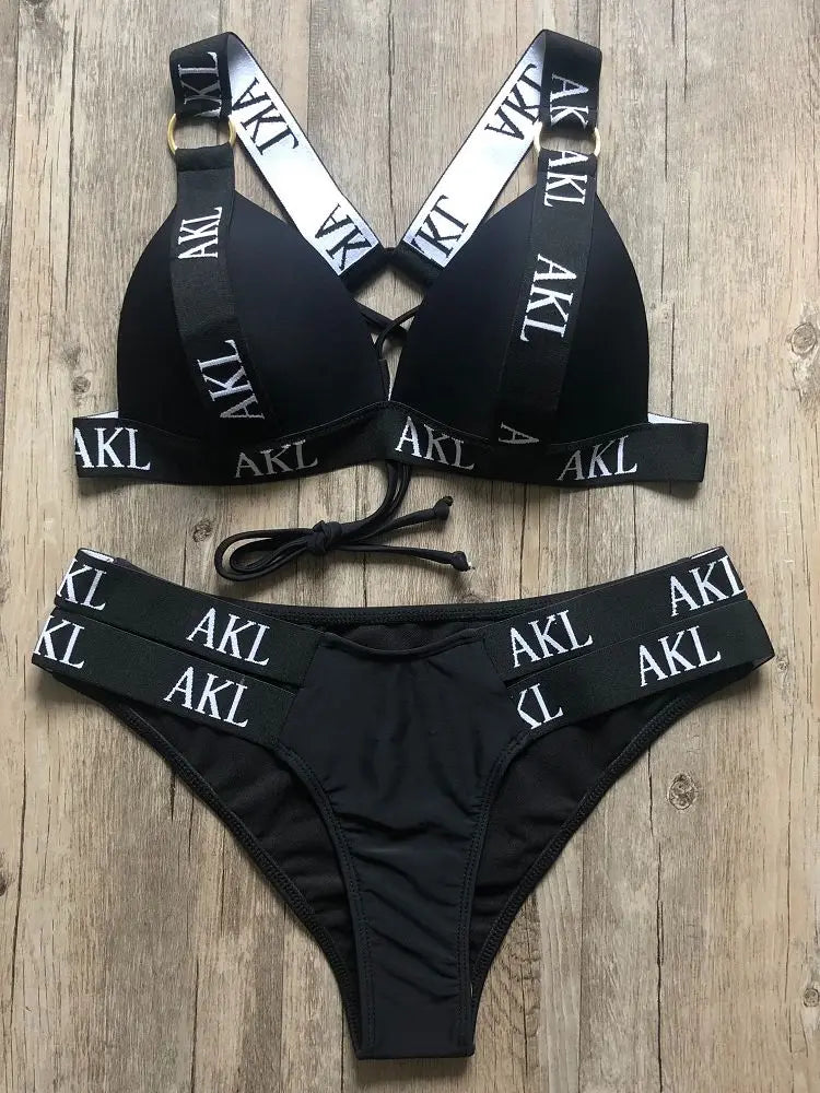 Sexy Letter prints Push up Bandage Black Swimwear Swimming bathing suit