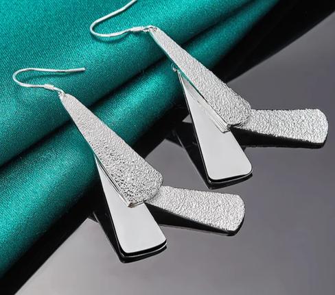 Women 925 Sterling Silver Frosted Long Geometric Charm Fashion Wedding Engagement Drop Earrings