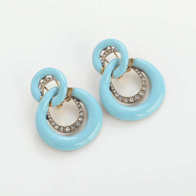 Vintage Blue Enamel 8-Shaped Infinite Women Geometry Antique Rhinestones Earrings