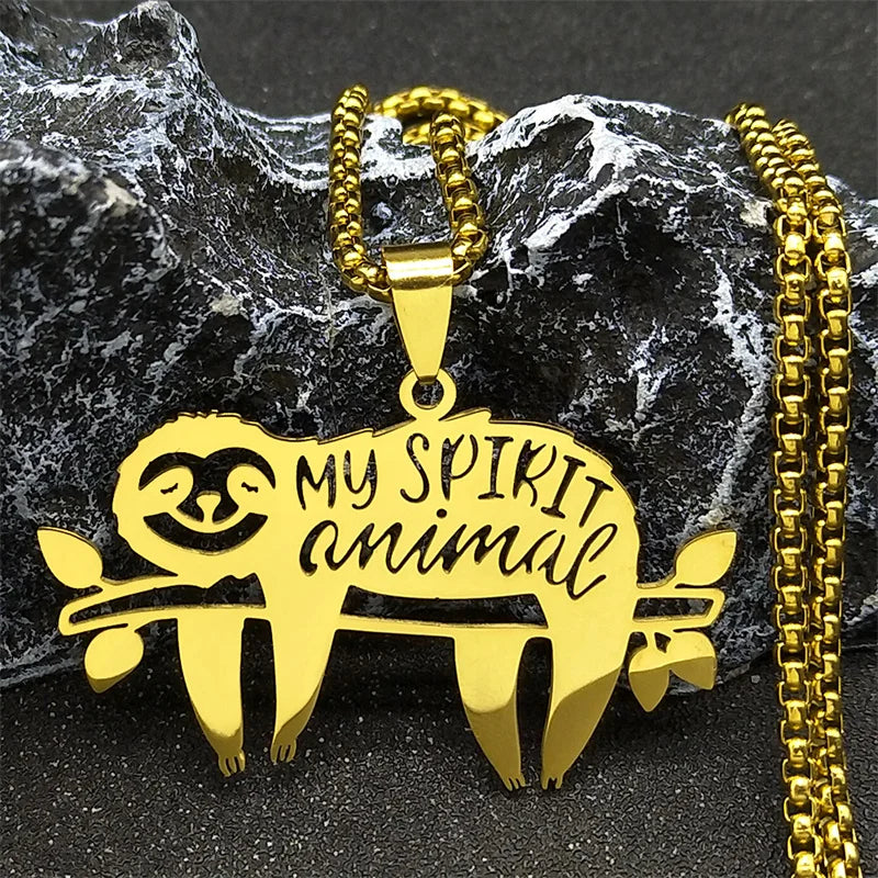 Cute Sleep Sloth My Spirit Animal Women Men Stainless Steel Gold Silver Chain Necklace