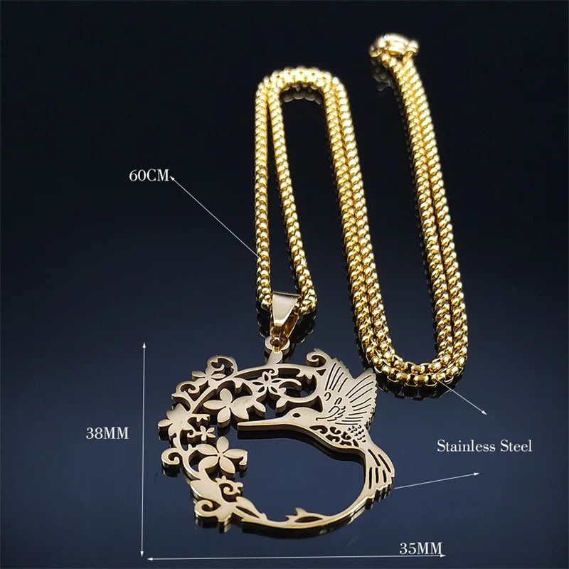 Bird Hummingbird Flower Necklace for Women Men Stainless Steel Gold Color Animal Pendant Necklaces Jewelry collar colibri N4626S