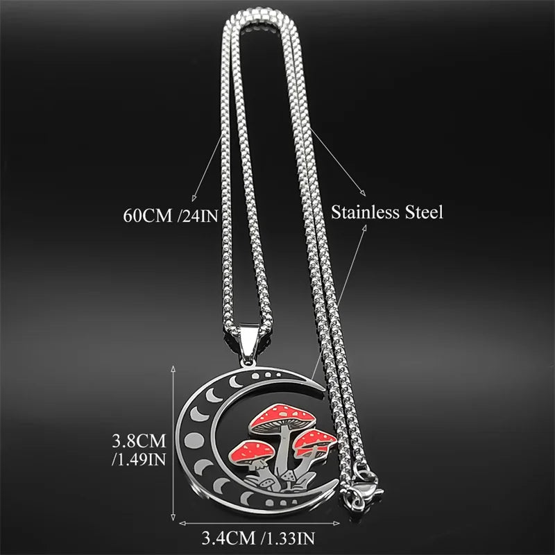 Witchcraft Moon Mushroom Pendant Necklace For Women Men Stainless Steel Silver Color Sun Trend Aesthetic Chain Jewelry Gifts