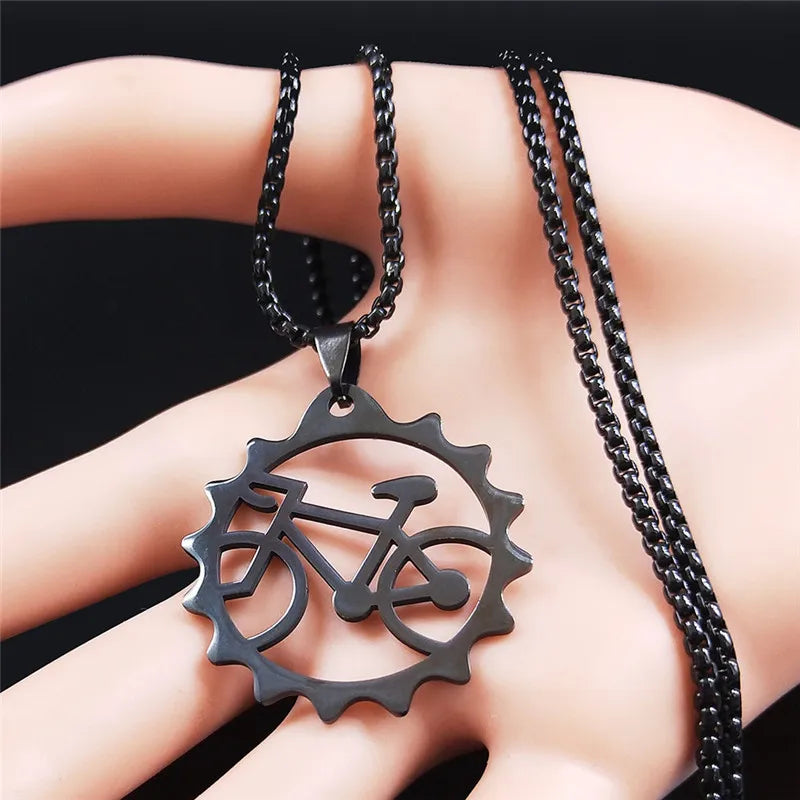 Women Men Tires Bike Bicycle Stainless Steel Long Chain Black Color Necklaces