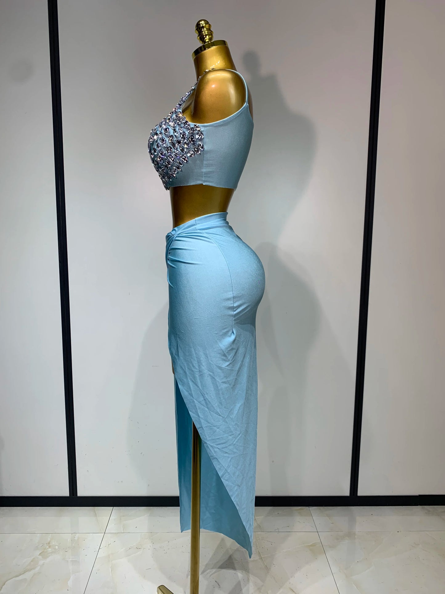 Women Sparkly Rhinestone Crop Tops Long Skirt Two Pieces Birthday Party Dinner Dress