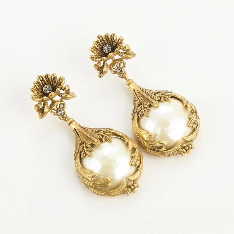 Women Vintage Baroque Pearl Dangle Yellow Flower Metal Carving Rose Water Drop Pendant Earrings