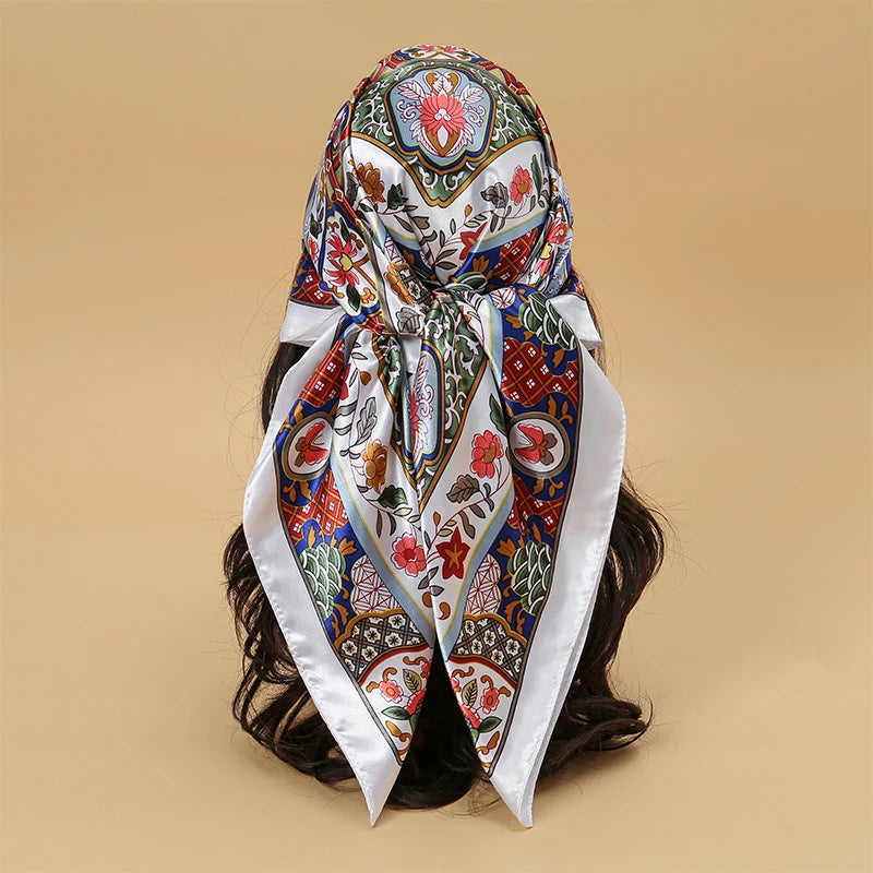 Women Fashion Silk Square Vintage Hijab Flower Prints Pashmina Bandana Scarves