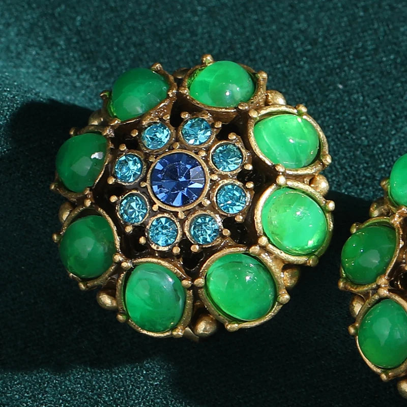 Vintage Crystal Round Oval Green Glazed Petal Women Flower Antique Stud Earrings
