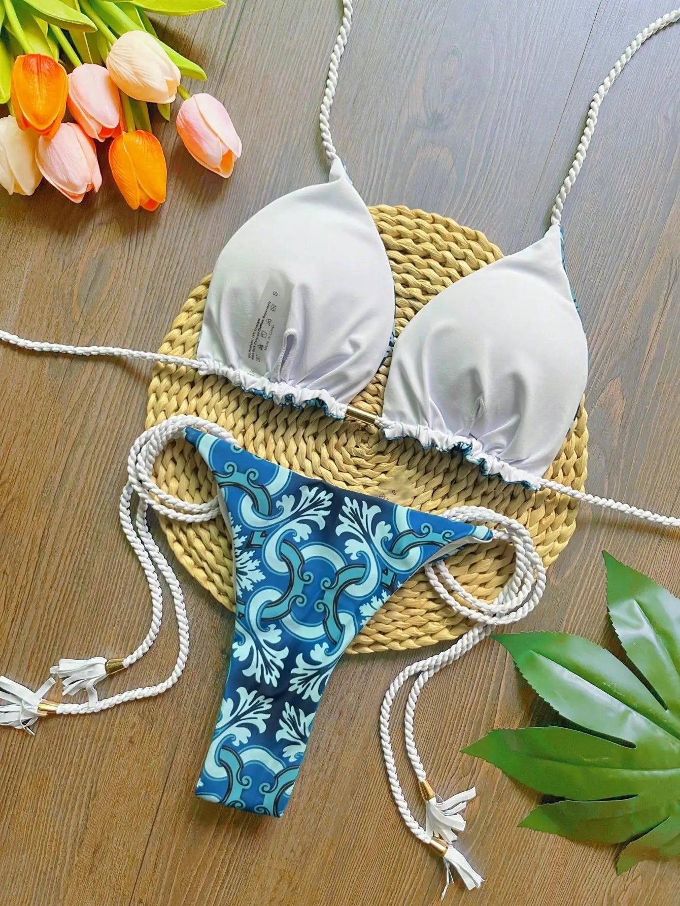 Sexy Print Brazilian Braiding Rope Bandage Bikinis Triangle Swimwear Bathing Suit