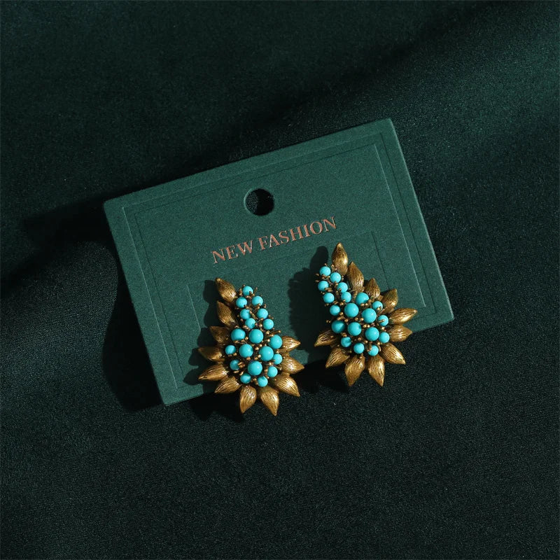 Women Vintage Beaded Sea Blue Natural Stones Tree Leaf Antique Bohemia Stud Earrings