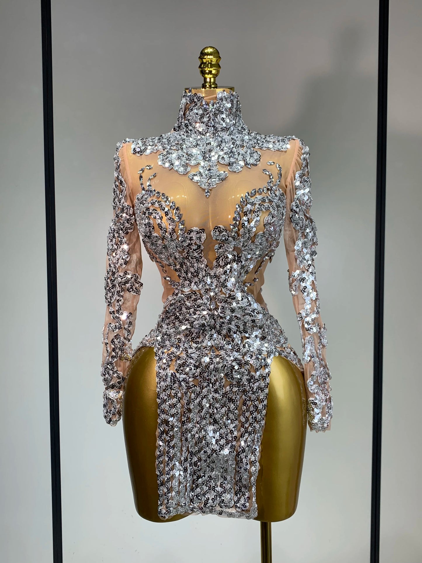 Sparkly Silver Gold Sequins Shor Sexy High Slit Nightclub Evening Party Birthday Dress