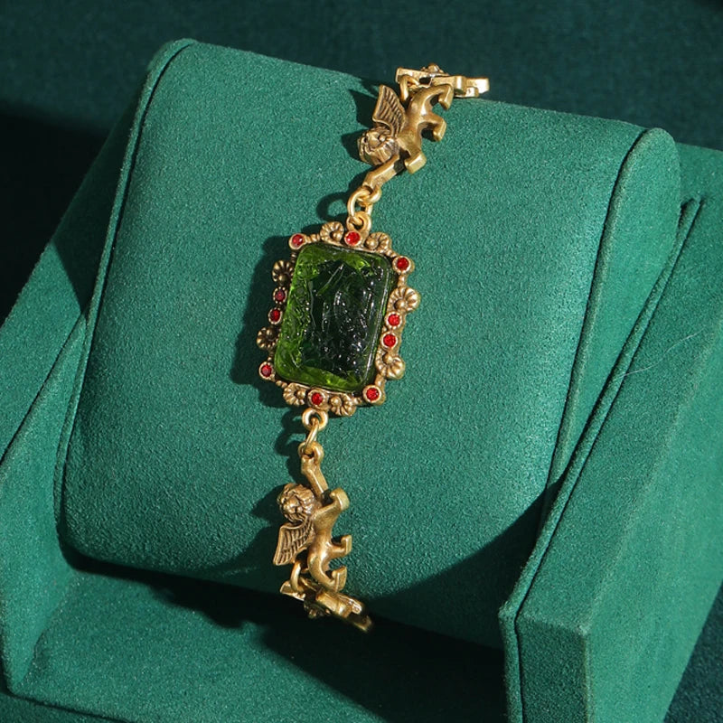 Women Vintage Green Glass Charm Square Relief Lion Real Gold Plated Designer Bracelet