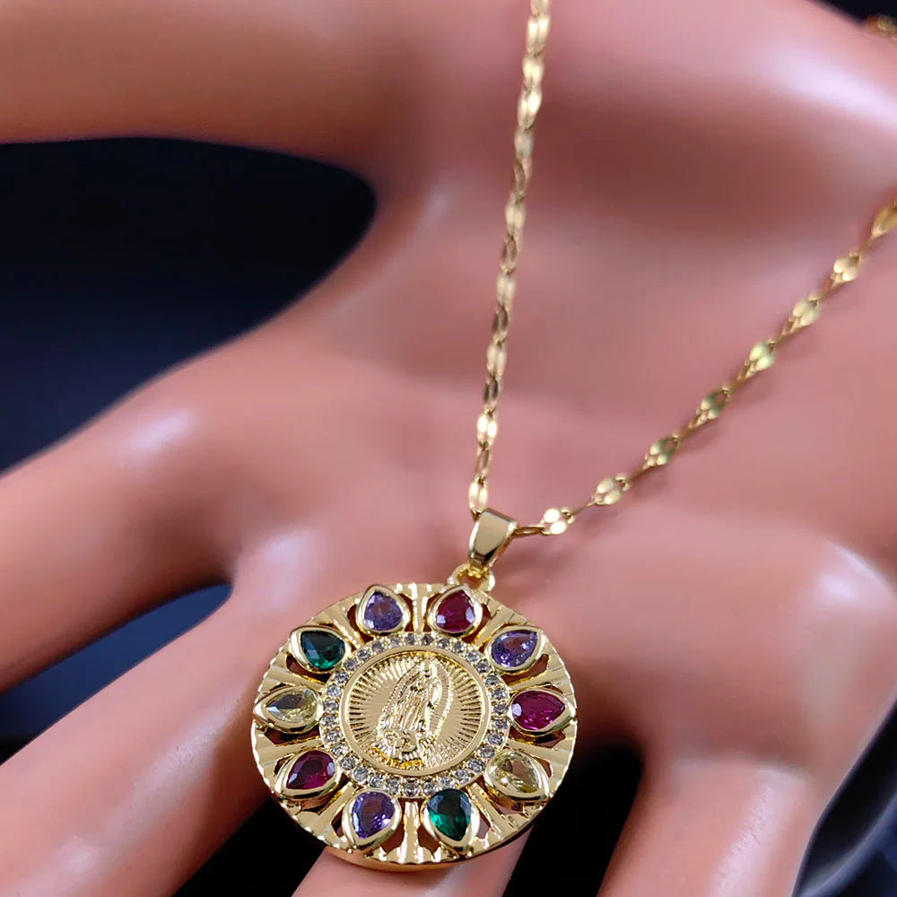 Aesthetic Virgin Mary Medal Copper Zircon Pendant Necklace for Women Men Stainless Steel Our Lady Guadalupe Chain Jewelry collar