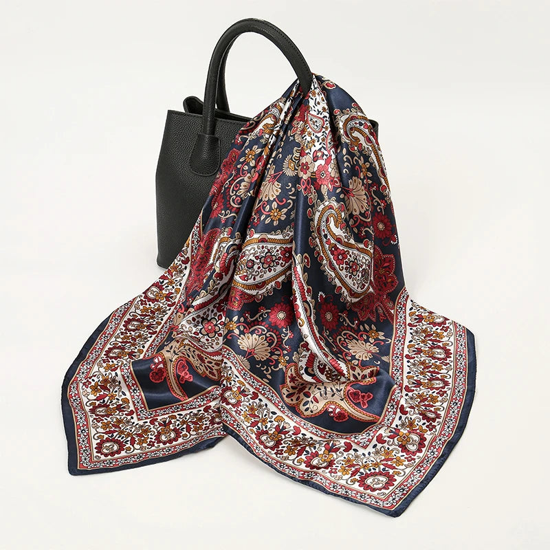 Women Fashion Silk Square Vintage Hijab Flower Prints Pashmina Bandana Scarves