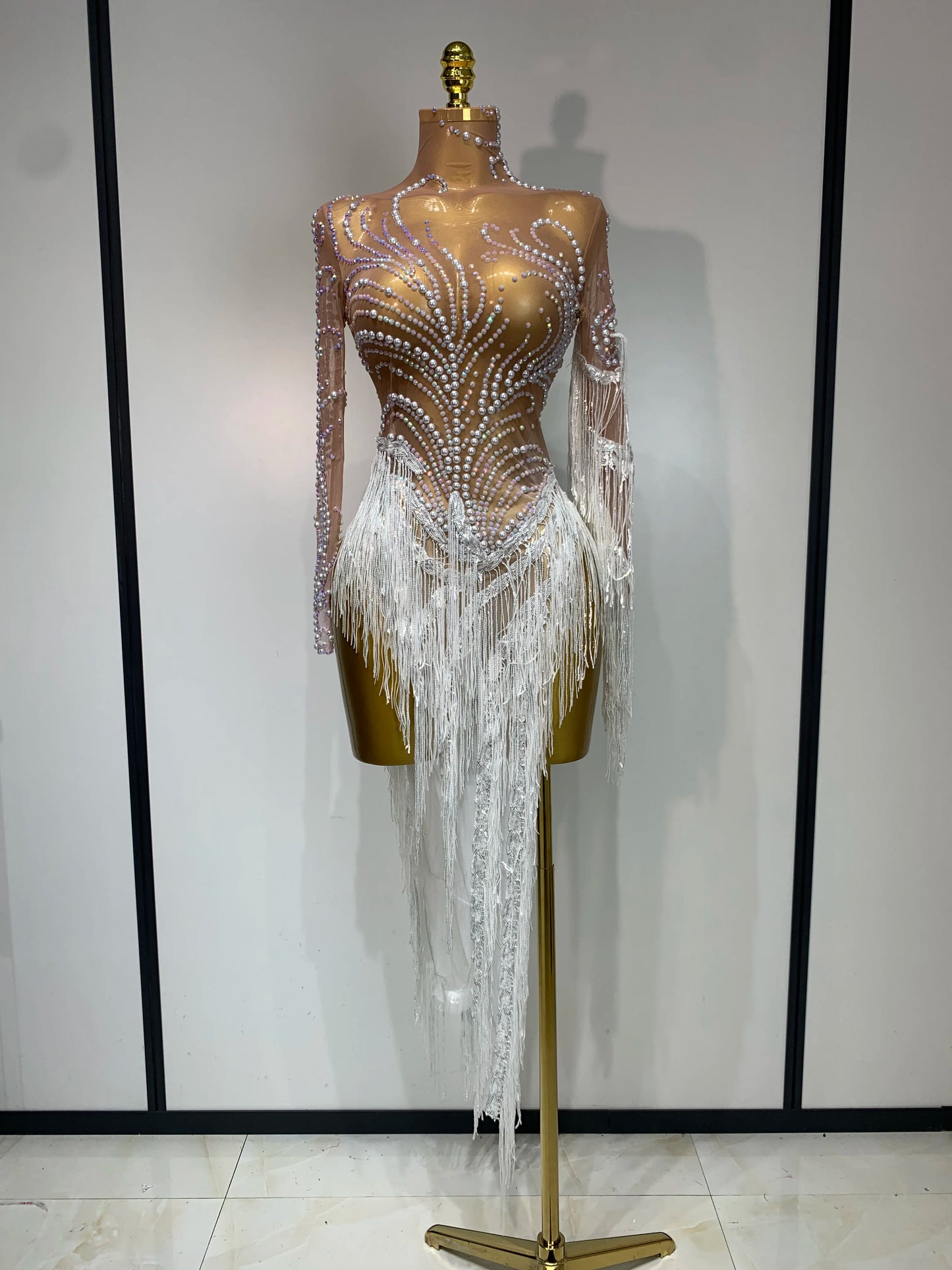 Sexy Rhinestone Sequins Tassel Mesh See Through Evening Party Nightclub Singer Sparkly Dress