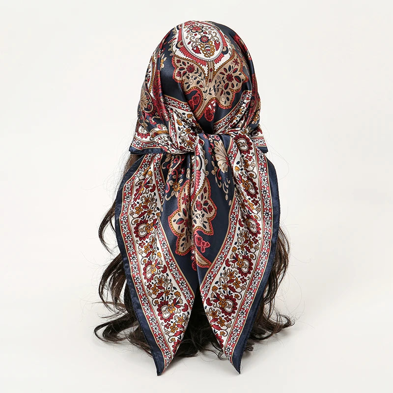 Women Fashion Silk Square Vintage Hijab Flower Prints Pashmina Bandana Scarves