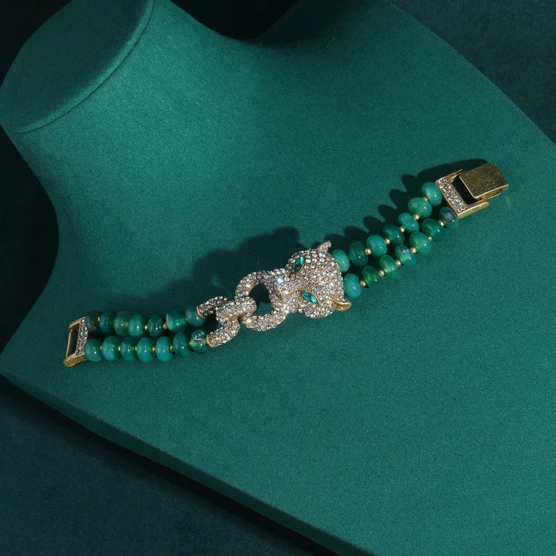 Vintage Green Beads Women Rhinestones Leopard Head Bangles Eye Bracelets