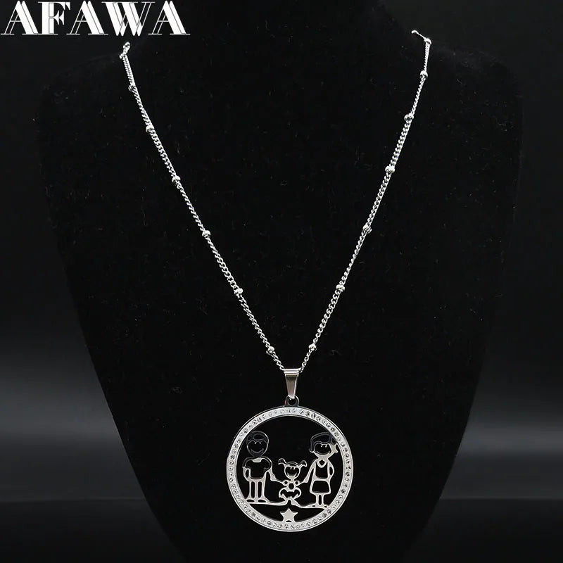Family Boy Gril Stainless Steel Silver Color Crystal Necklace