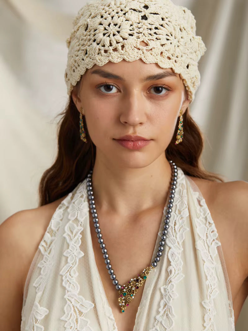 Gray Pearl Colorful Flower Gold Color Pendant Designer Wedding Bridal Necklace Jewelry