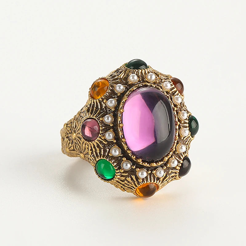 Women 18K Gold-Plated Vintage Baroque Oval Crystal Pearl Cluster Ring