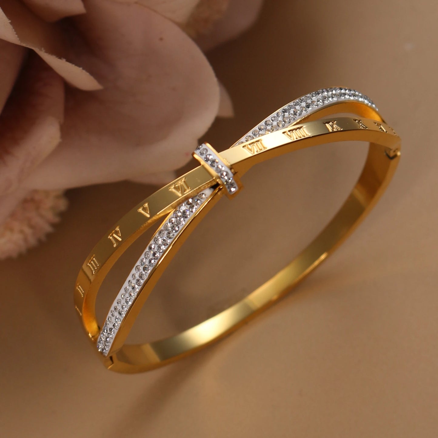 Love Charm 18k Gold Stainless Steel Crystal Cross Roman Numerals Bangle Bracelet