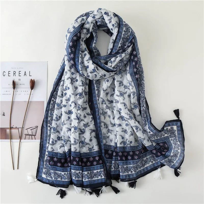 Women Fashion Large Cotton Flower Designs Tassel Prints Scarves Wrap Shawl Scarf