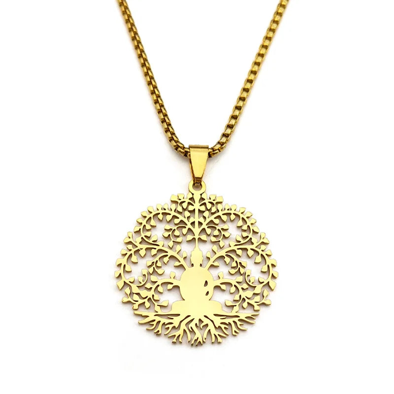 Unisex Tree of Life Buddhism Meditation Stainless Steel Gold Color Chain Necklace