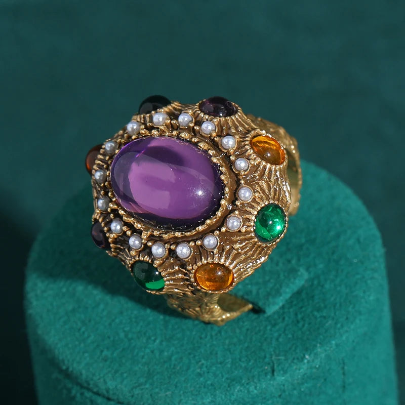 Women 18K Gold-Plated Vintage Baroque Oval Crystal Pearl Cluster Ring