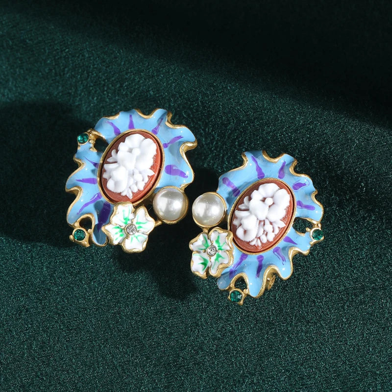 Vintage Monet Garden Blue Relief Flower Pearl Enamel Petals Earrings Jewelry Set