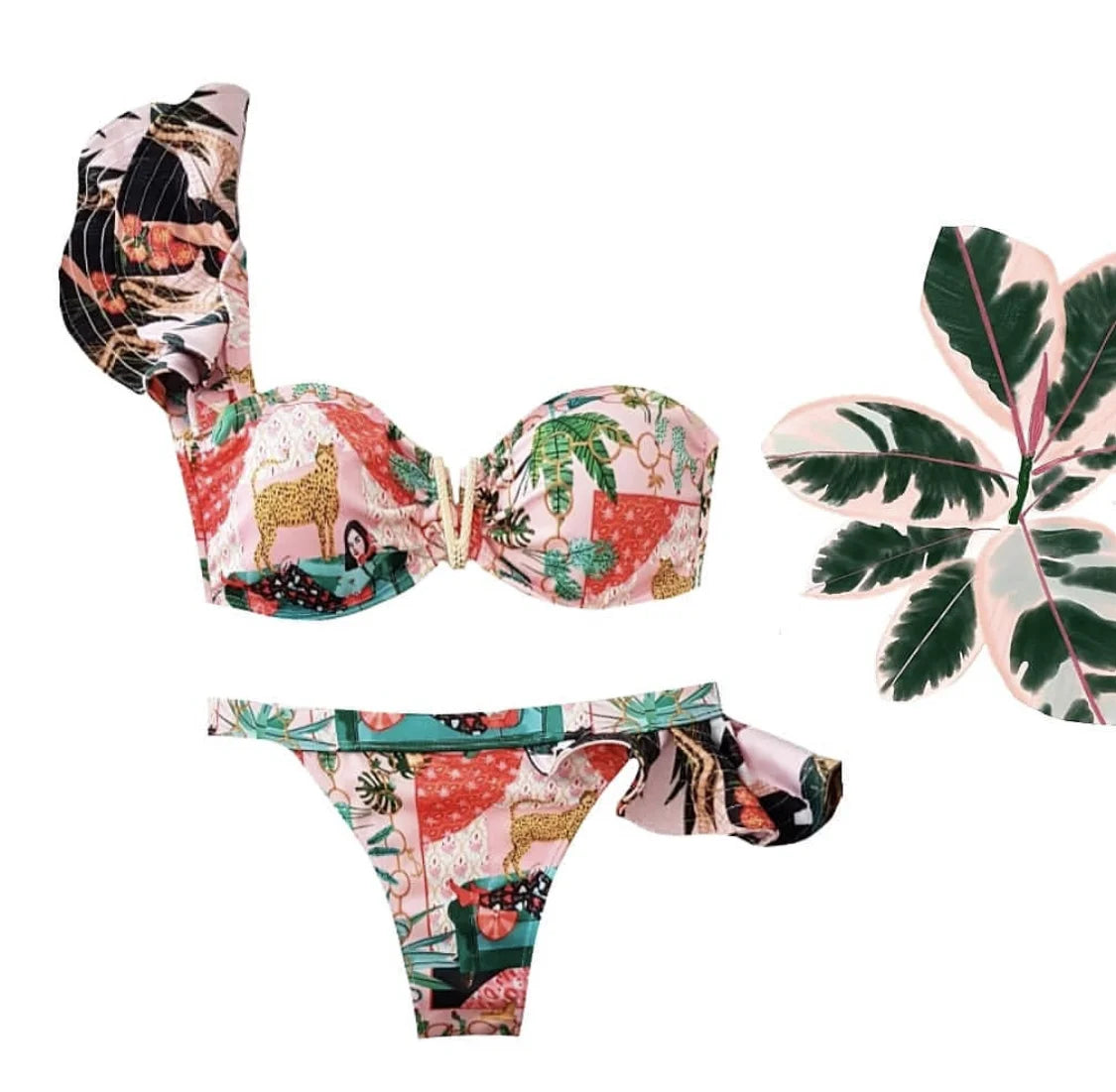 Two-Pieces Sexy Floral Push-Up Strappy Ruffles Bandage Bikini Swimsuit Swimwear Bathing Suit