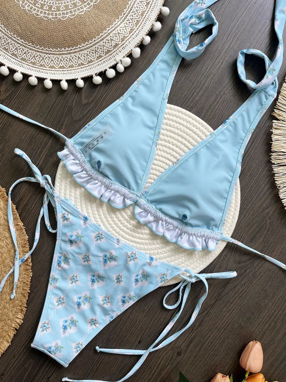 2pcs Sexy Lotus Leaf Edge Print Brazilian Swimsuit Triangle Thong Swimwear Suit