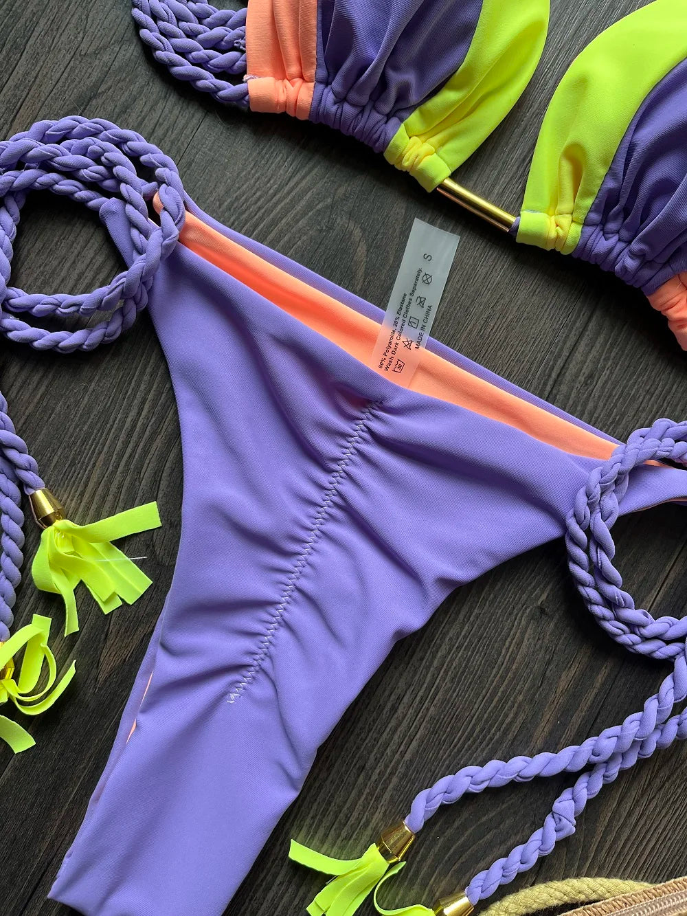 Sexy Solid Splicing Brazilian Swimsuit Braiding Rope Bandage Triangle Bathing Bikini Suit